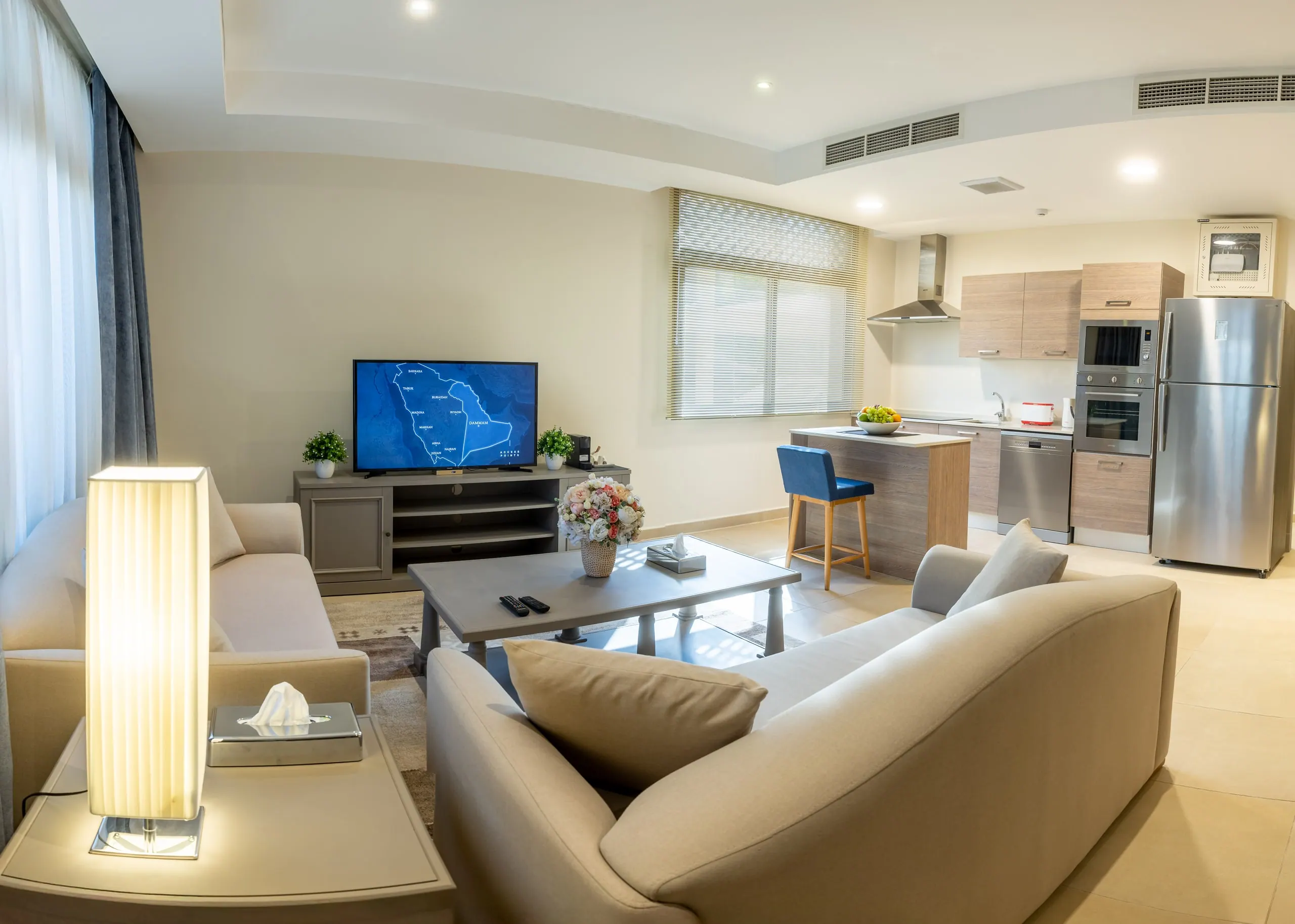 Open-plan living room and kitchen in the one-bedroom apartment